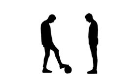 Seamless loopable animation, black silhouettes of two football players stuffing a ball on their feet and passing it to each other. Alpha transparency channel isolated on white background. Slow motion.