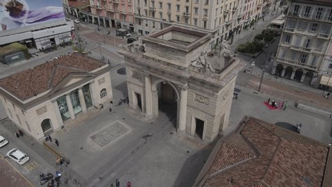 Aerial footage drone view of Porta Garibaldi in Milan Italy  // no video editing