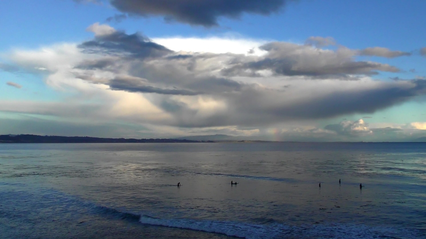 Unidentified surfers at Santa Cruz, Pleasure Point, on the northern Monterey Bay in Santa Cruz County, California, USA, a world renowned surf location