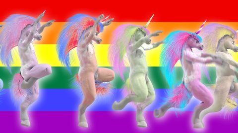 Seamless funny animation of walking unicorns with a rainbow background. Gay pride backdrop.