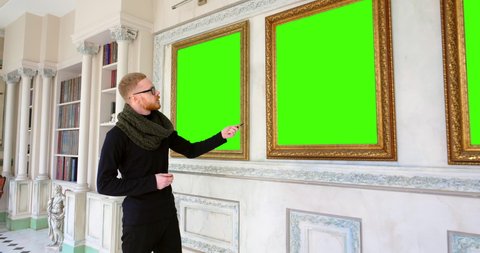 Museum employee talking about famous artwork. Green screen, chromakey