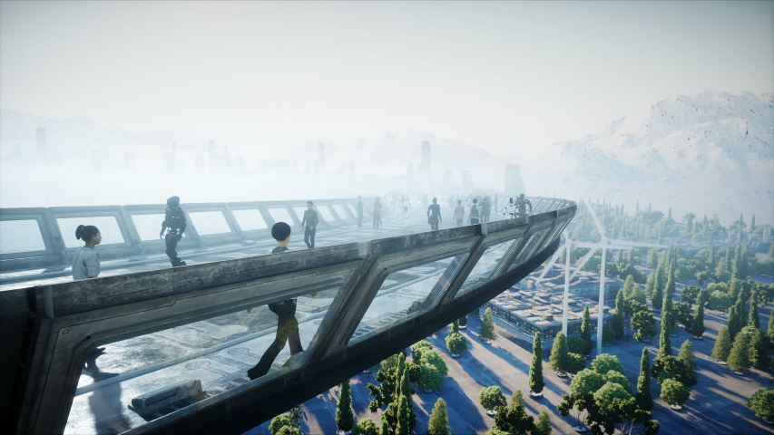 People and robots. Sci fi tonnel. Futuristic traffic. Concept of future. Realistic 4K animation.