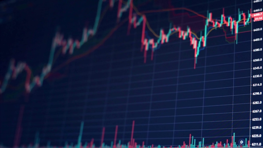 Low angle of Moving financial chart with downtrend line candlestick graph in stock market on black color monitor Royalty-Free Stock Footage #1031756273