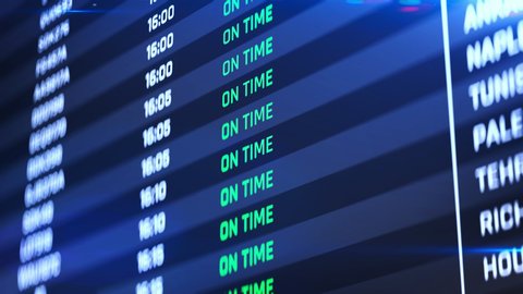 Flight status change to canceled, airport emergency, terminal schedule changing. Destinations, flight status, boarding gates info change on screen animation