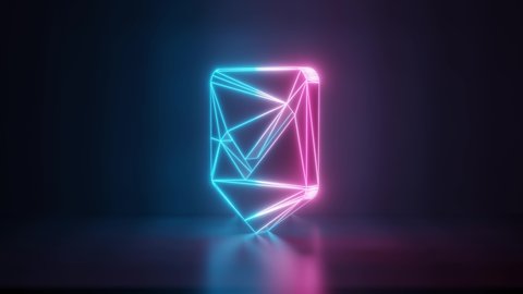 3d rendering glowing blue purple neon laser light with wireframe symbol of been here marker with ok sign in empty space corner seamless fade animation