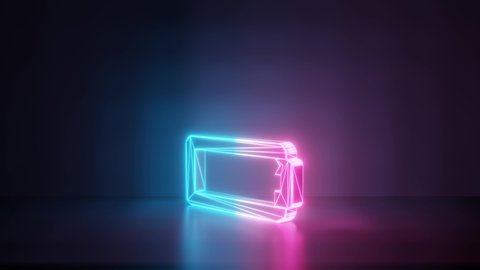 3d rendering glowing blue purple neon laser light with wireframe horizontal symbol of battery empty in empty space corner seamless fade animation