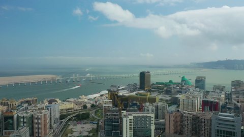 zhuhai city macau bay sunny day hong kong water traffic aerial panorama 4k china