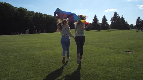 Back view of young lgbt couple holding fluttering color gay pride symbol over heads running hand in hand across green lawn. Joyful lesbians with rainbow flag enjoying summer leisure on windy sunny day