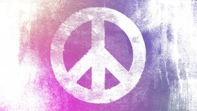 Magenta peace symbol on contrasted grungy and dirty, animated, distressed and smudged 4k video background with swirls and frame by frame motion feel with street style for the concepts of peace