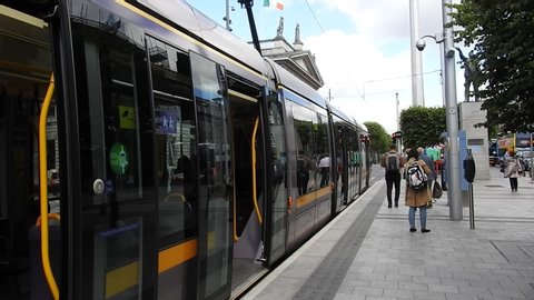 18th June 2019, Dublin, Ireland. Luas light rail tram stopped outside the GPO on O'Connell Street, Dublin city centre. 