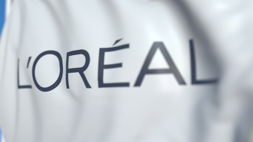 Waving flag with L'Oreal S.A. logo, close-up. Editorial loopable 3D animation | Shutterstock HD Video #1031806277