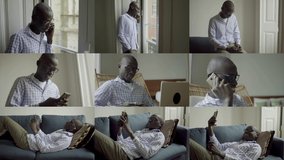 Collage of thin Afro-american man in striped shirt standing, sitting and lying on sofa inside, talking and typing on phone, working on laptop, listening to music in earphones. Work, lifestyle concept
