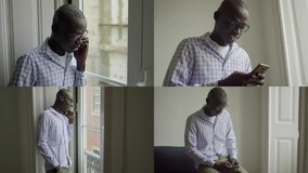 Collage of thin Afro-american man in striped shirt standing at window inside, talking on phone, sitting on sofa, texting. Work, lifestyle concept