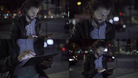 Collage of medium and close up shots of handsome young Caucasian man with beard in leather jacket being outside at night, typing on tablet. Work, communication concept