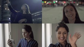 Collage of pretty young women being inside and walking outside, having video chat on phone, smiling, looking happy, greeting, waving hands. Lifestyle, communication concept