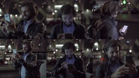 Collage of front, side and rear views of handsome young Caucasian man with beard in leather jacket standing outside, typing on phone, smiling. Work, communication concept