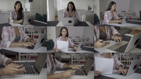 Collage of pretty young Caucasian woman in spectacles and rose shirt working on laptop in living room, paying online, putting bank card data. Online shopping, freelance concept 