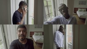 Collage of thin Afro-american man in striped shirt and mixed-race young man with beard standing at window, talking on phone, having video chat. Lifestyle, communication concept