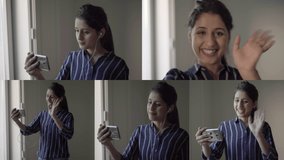 Collage of pretty young woman standing at window inside, having video chat on phone, talking, using earphones, waving hands, having different emotions. Lifestyle, communication concept
