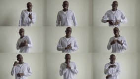 Collage of medium shots of smiling thin Afro-american man in striped shirt standing inside, posing, having fun, gesticulating, dancing, clapping hands, showing call me sign. Lifestyle concept