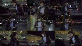 Collage of handsome young Caucasian man with beard walking at night and sitting outside, working on gadgets, talking on phone. Communication, modern technology concept