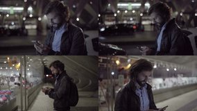 Collage of side views of handsome young Caucasian man with beard in leather jacket standing outside, typing on phone, windowgazing at mall. Lifestyle, communication concept