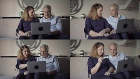 Collage of smiling middle-aged Caucasian couple sitting on sofa in living room, finding goods, rejoicing, clapping hands, paying online with credit card. Modern technology, online shopping concept