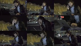 Collage of medium shots of young Caucasian man with beard in leather jacket sitting outside at night, working on laptop, talking on phone, having headache, massaging temples. Work, fatigue concept