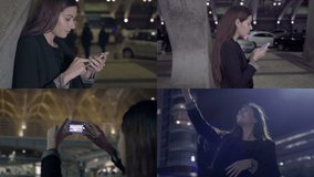 Collage of medium shots of beautiful young woman standing and walking outside at night, texting on phone, making photo. Lifestyle, communication concept