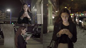 Collage of front and side views of beautiful young woman walking outside at night, returning home, texting on phone. Lifestyle, communication concept