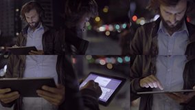 Collage of front and rear views of handsome young Caucasian man with beard in leather jacket being outside at night, typing on tablet, swiping, pinching photos. Work, communication concept