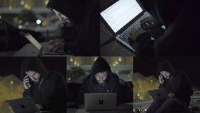 Collage of front, side, top and bottom views of handsome young Caucasian man with beard in black hoodie sitting outside at night, working on laptop. Communication, modern technology concept