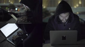 Collage of front, side and top views of handsome young Caucasian man with beard in black hoodie sitting outside at night, working on laptop. Communication, modern technology concept