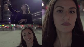 Collage of medium and close up shots of beautiful young woman standing outside at night, having video chat on phone, talking, showing surroundings. Lifestyle, communication concept