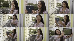 Collage of happy young woman in homewear standing at balcony, talking and texting on phone, having video chat on tablet, making selfie. Communication, lifestyle concept 