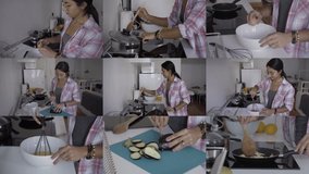 Collage of pretty Caucasian woman in spectacles and roe striped homewear cooking at kitchen, smashing, mixing eggs, cutting and frying eggplants. Cooking concept 