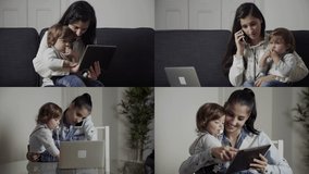 Collage of good looking young mother sitting with child in sofa in living room, talking on phone, showing cartoons on tablet. Family, modern technology concept