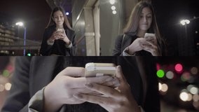 Collage of medium and close up shots of beautiful young woman standing and walking outside at night, swiping on phone. Lifestyle, communication concept