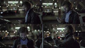 Collage of front and side views of handsome young Caucasian man with beard in leather jacket standing outside, typing on phone, smiling. Work, communication concept