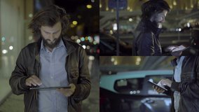 Collage of medium shots of handsome young Caucasian man with beard in leather jacket walking outside at night, typing on tablet. Front and side views. Work, communication concept
