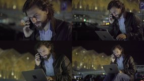 Collage of medium and close up shots of handsome young Caucasian man with beard in leather jacket sitting outside at night, working on laptop. Work, modern technology concept