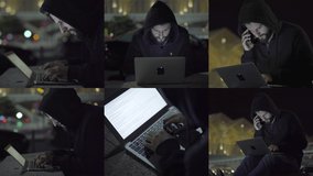 Collage of front, side, top and bottom views of handsome young Caucasian man with beard in black hoodie sitting outside at night, working on laptop, talking on phone. Communication concept