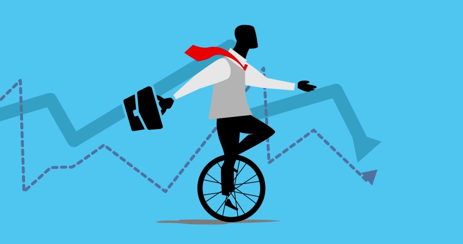 Animation of businessman rides a unicycle with diagram at background 