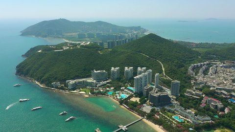 sunny sanya dadonghai beach hotel resort aerial topdown panorama 4k hainan china