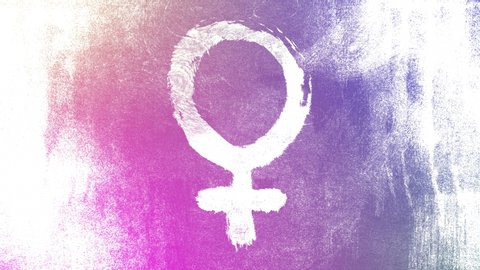 Purple Venus, female, gender symbol on a high contrasted grungy and dirty, animated, distressed and smudged 4k video background with swirls and frame by frame motion feel with street style