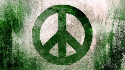 Green peace symbol on contrasted grungy and dirty, animated, distressed and smudged 4k video background with swirls and frame by frame motion feel with street style for the concepts of peace