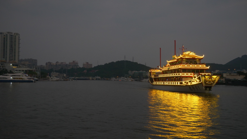 night illuminated sanya city bay famous tourist light boat traffic panorama 4k hainan china