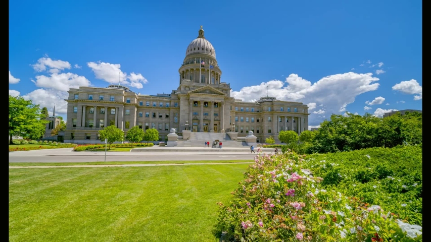 Time Lapse of the Idaho state capital with dramatic clouds and moving people