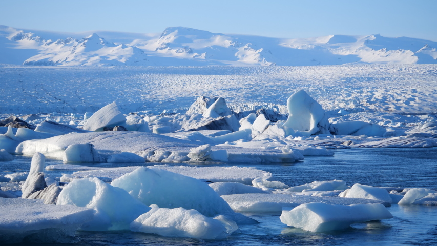 Icebergs at ice lake. Ice and Snow Winter Nature Landscape. Ice Lagoon