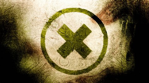 Yellow Green Rejection, X symbol with a Circle on a high contrasted grungy and dirty, animated, distressed and smudged 4k video background with swirls and frame by frame motion feel with street style